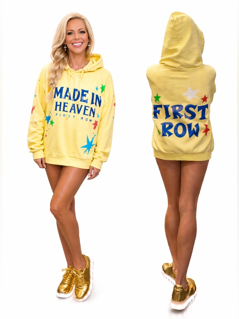 First Row Made in Heaven Yellow Star Hoodie | Oversized Graphic Sweatshirt | L